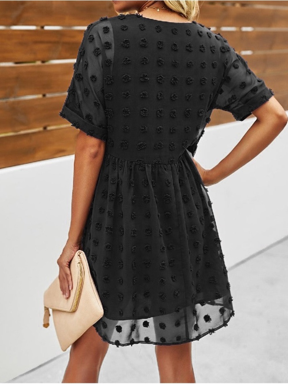 Women's Zenana Black Textured Swiss Dot V-Neck Babydoll Mini Dress Size Medium - Picture 2 of 9